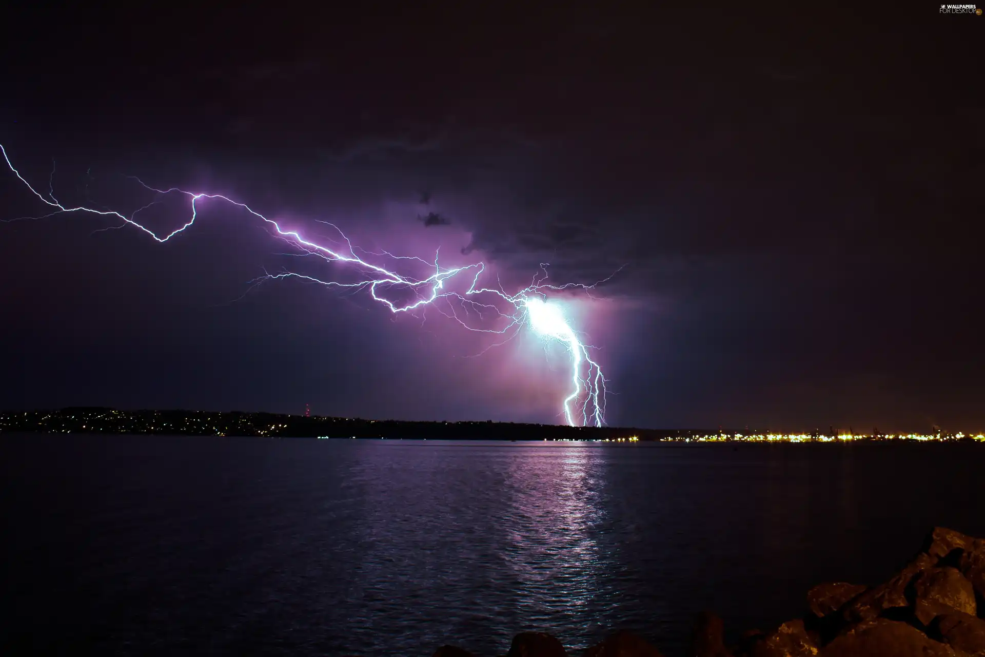 lightning, lake, Storm