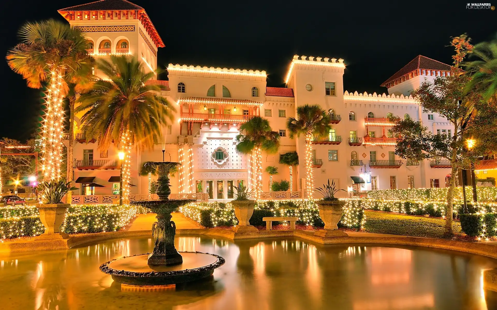 Hotel hall, Palms, lights, fountain