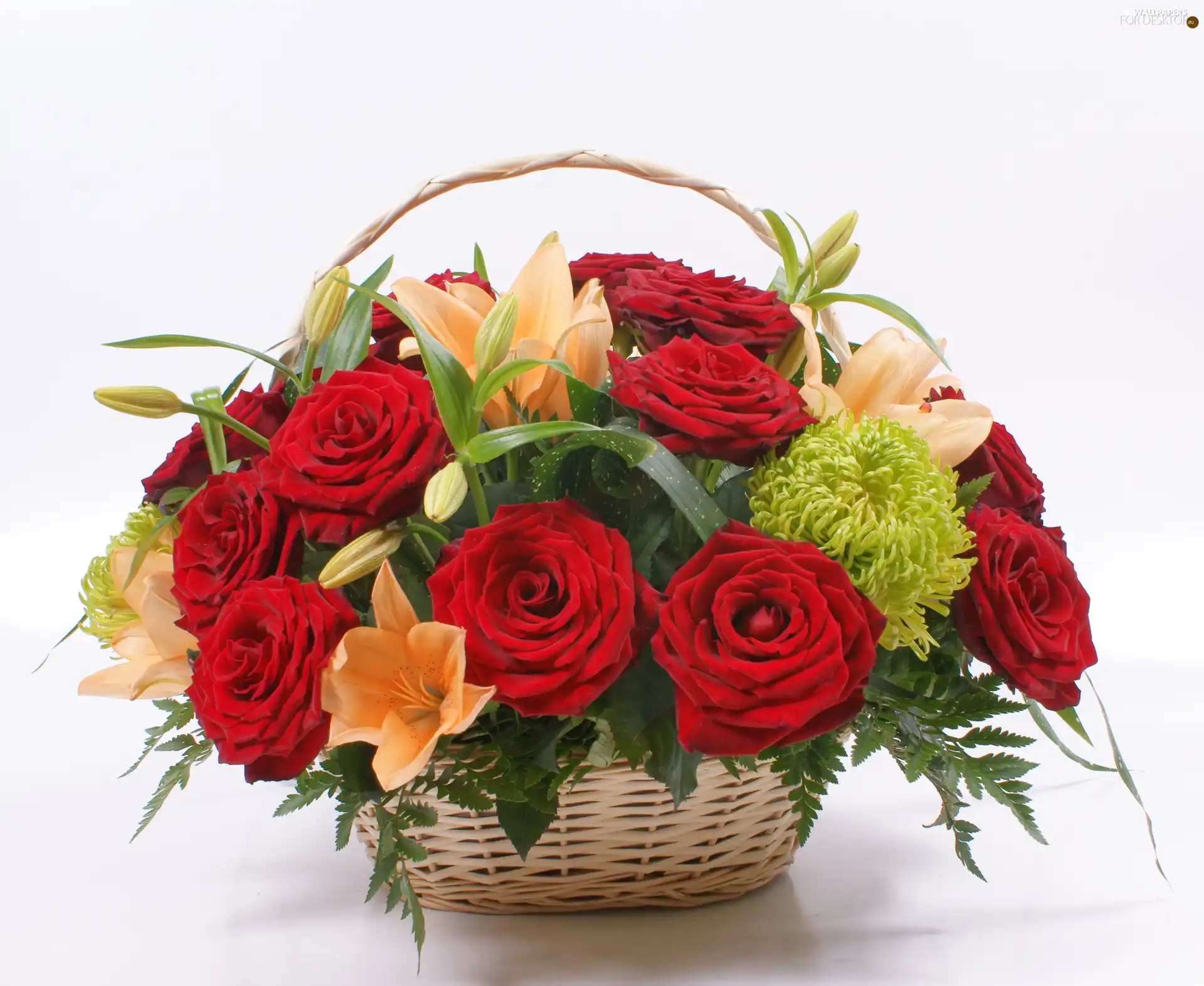 basket, roses, lilies, flowers
