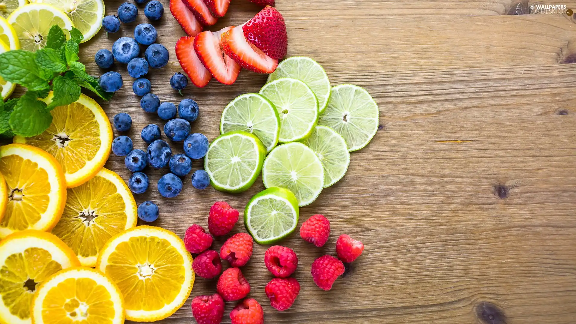 limes, blueberries, leaves, raspberries, green ones, lemons, Fruits, strawberries