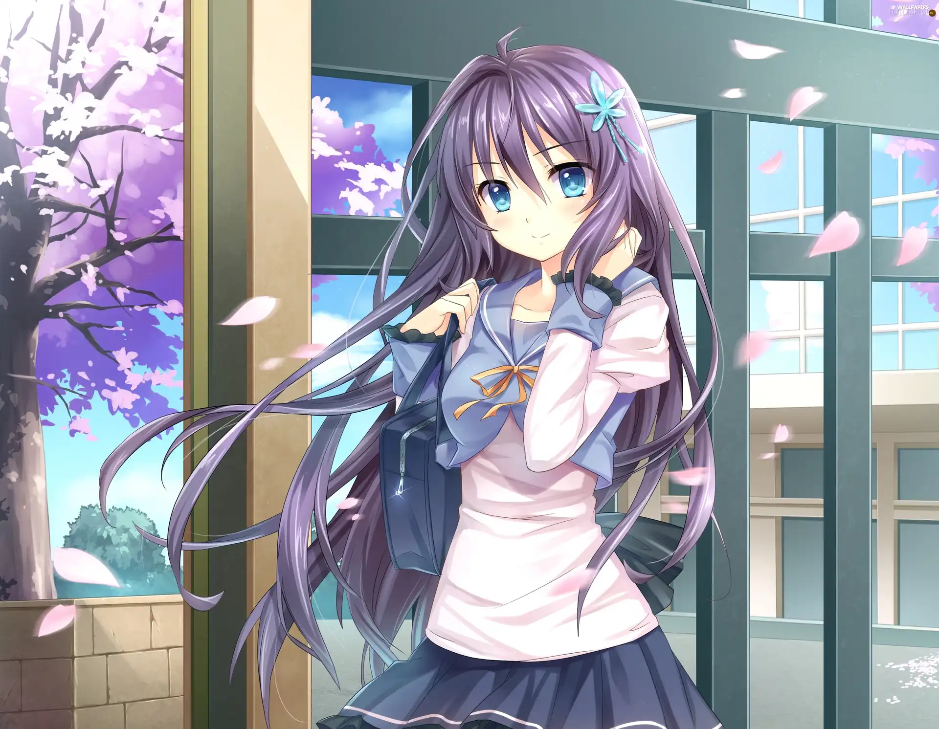 trees, girl, Manga, Anime, House, bag