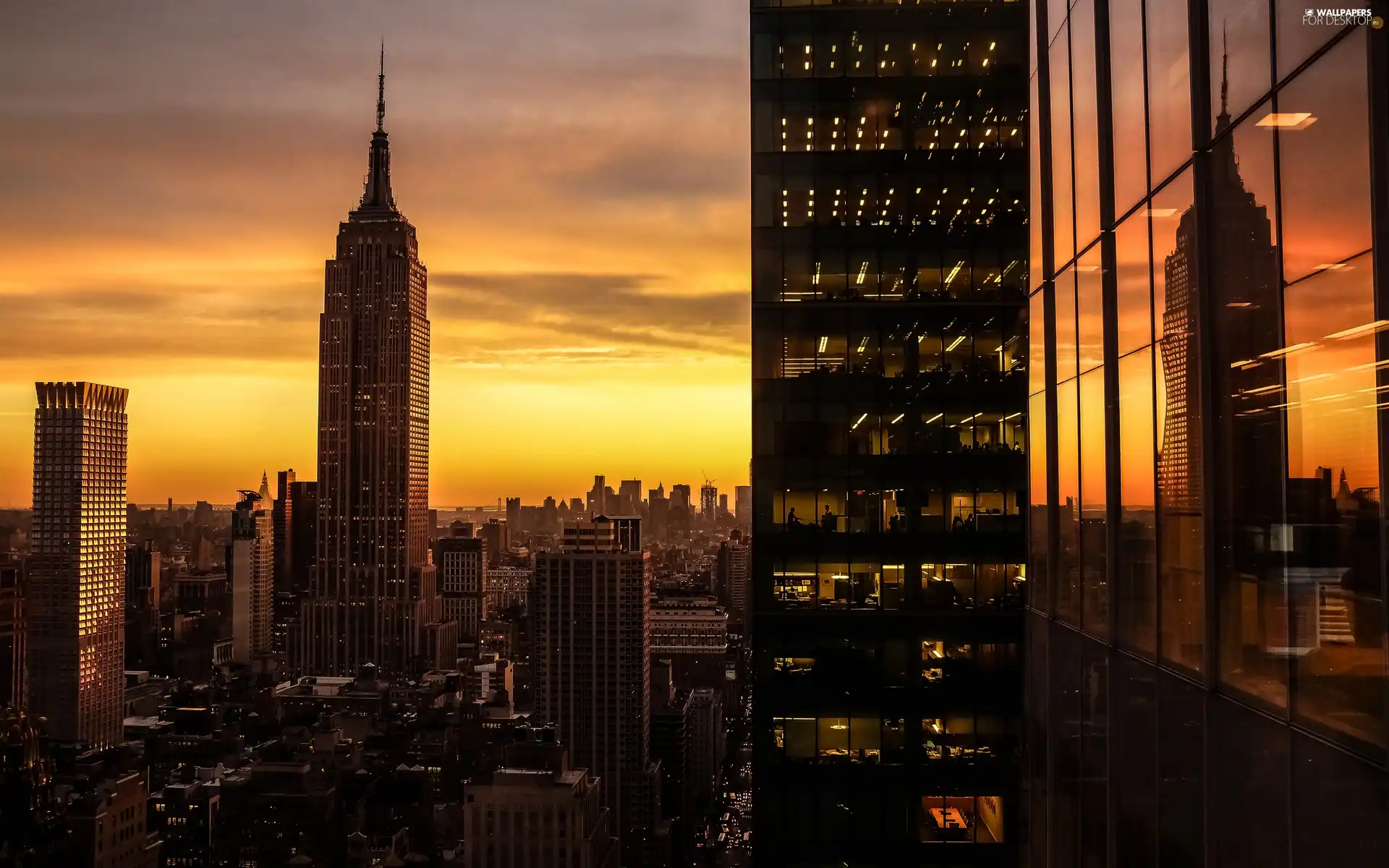 clouds, Jork, west, skyscrapers, New, Manhattan, sun