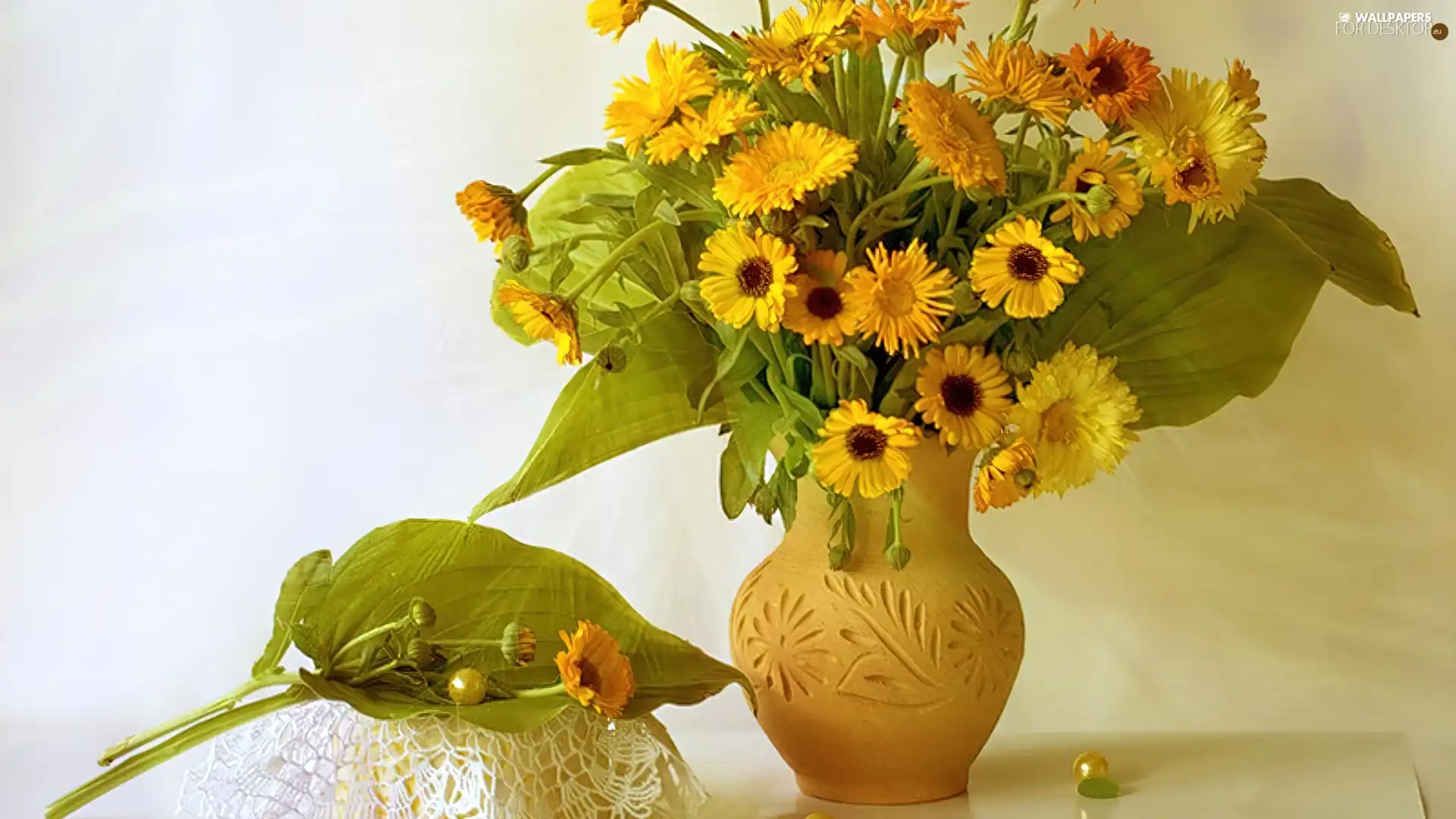 earthen, Yellow, Marigolds, Vase