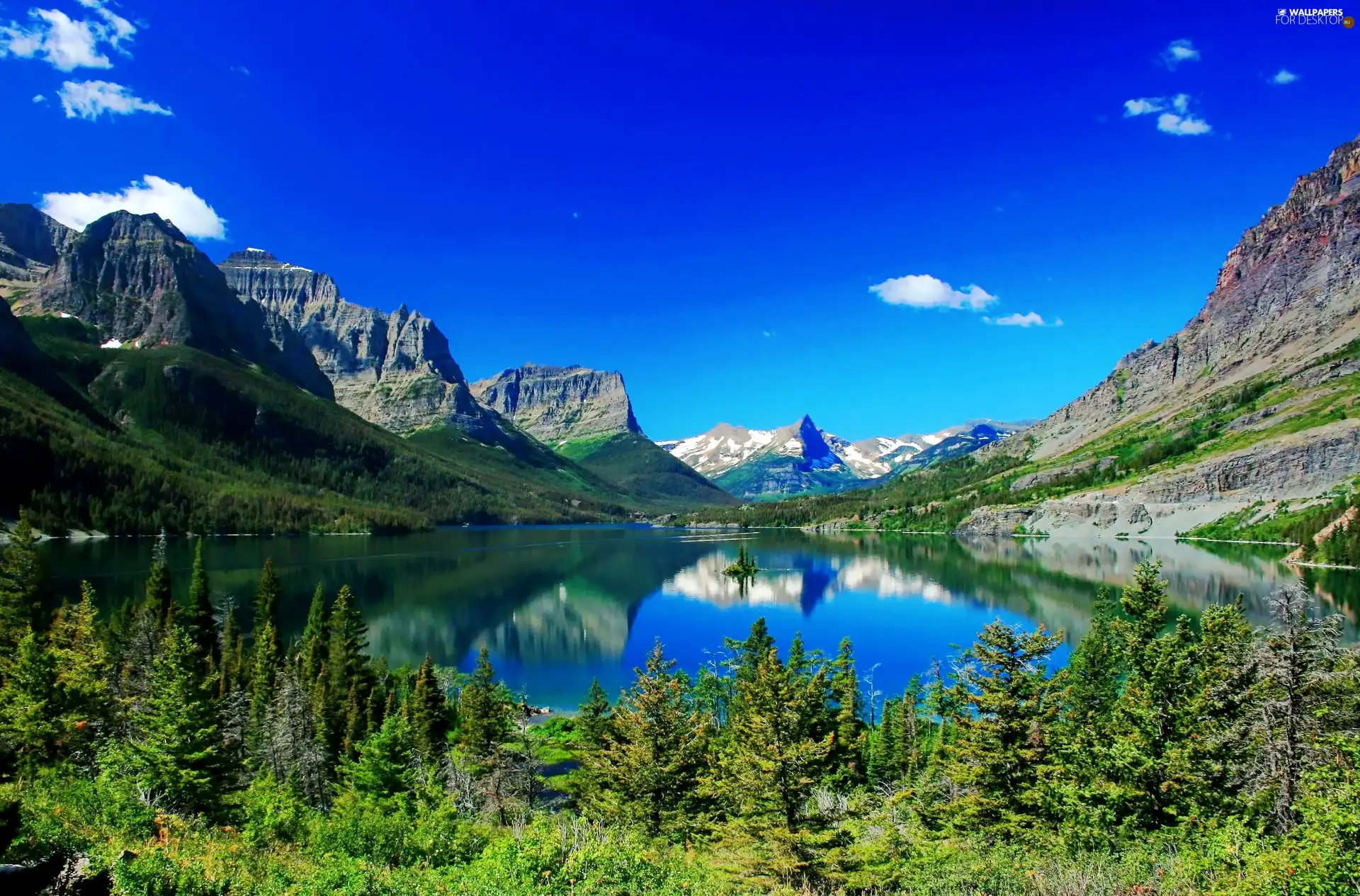 viewes, Mountains, Saint Mary, Montana, lake, trees