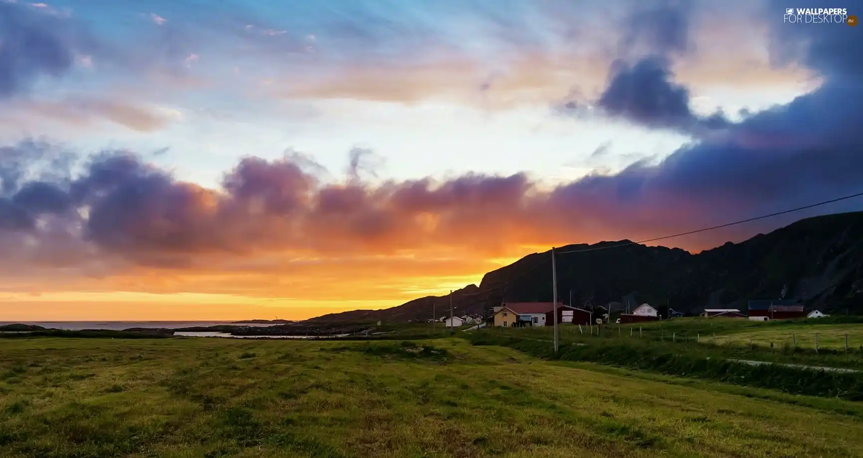 Meadow, buildings, sun, Mountains, west