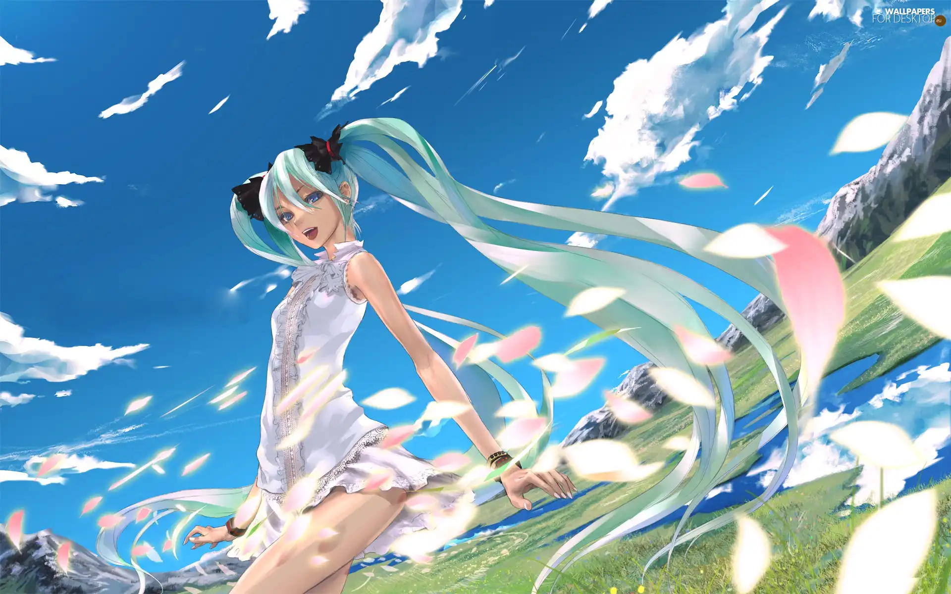 clouds, Hatsune Miku, Meadow