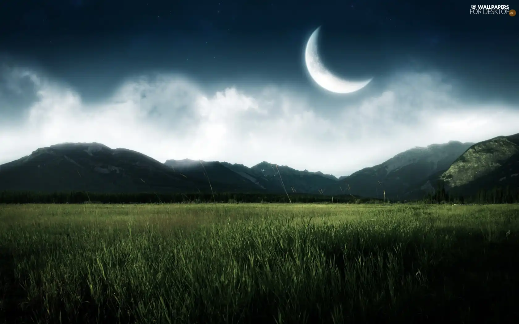 Meadow, moon, Mountains