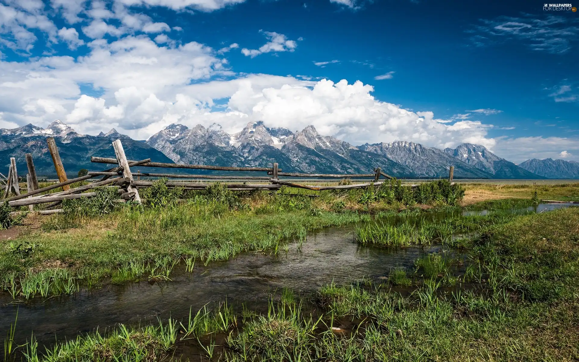 Mountains, River, Meadow, clouds