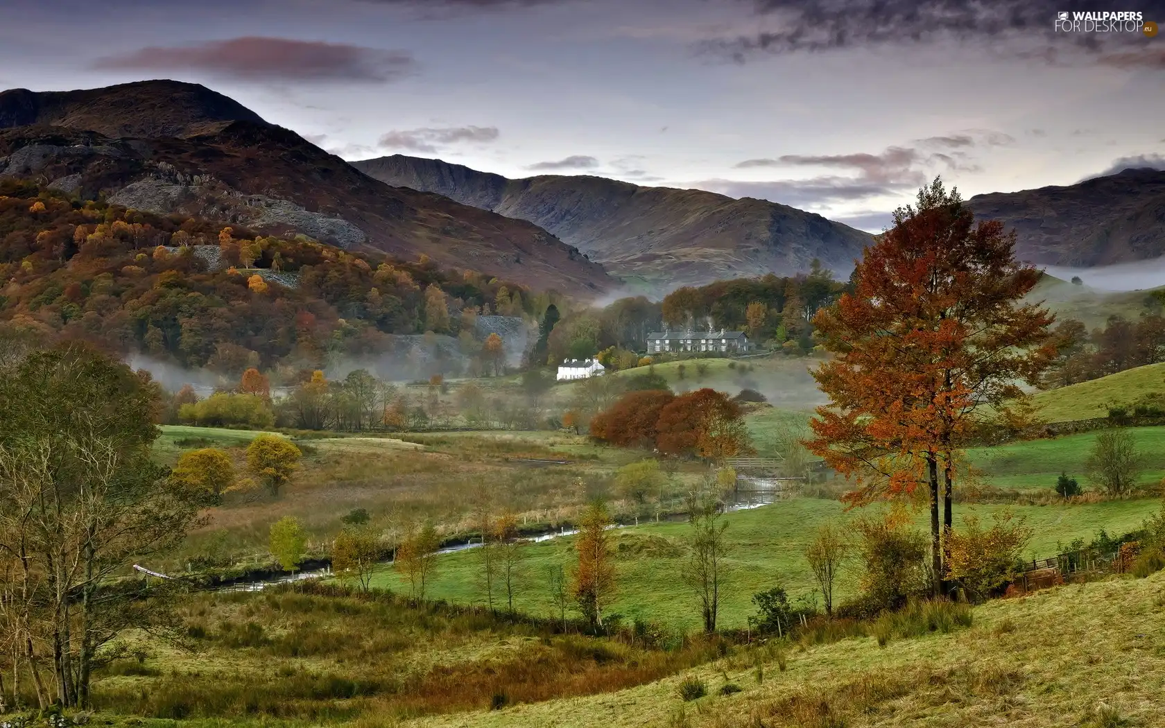 medows, autumn, brook, Fog, Mountains