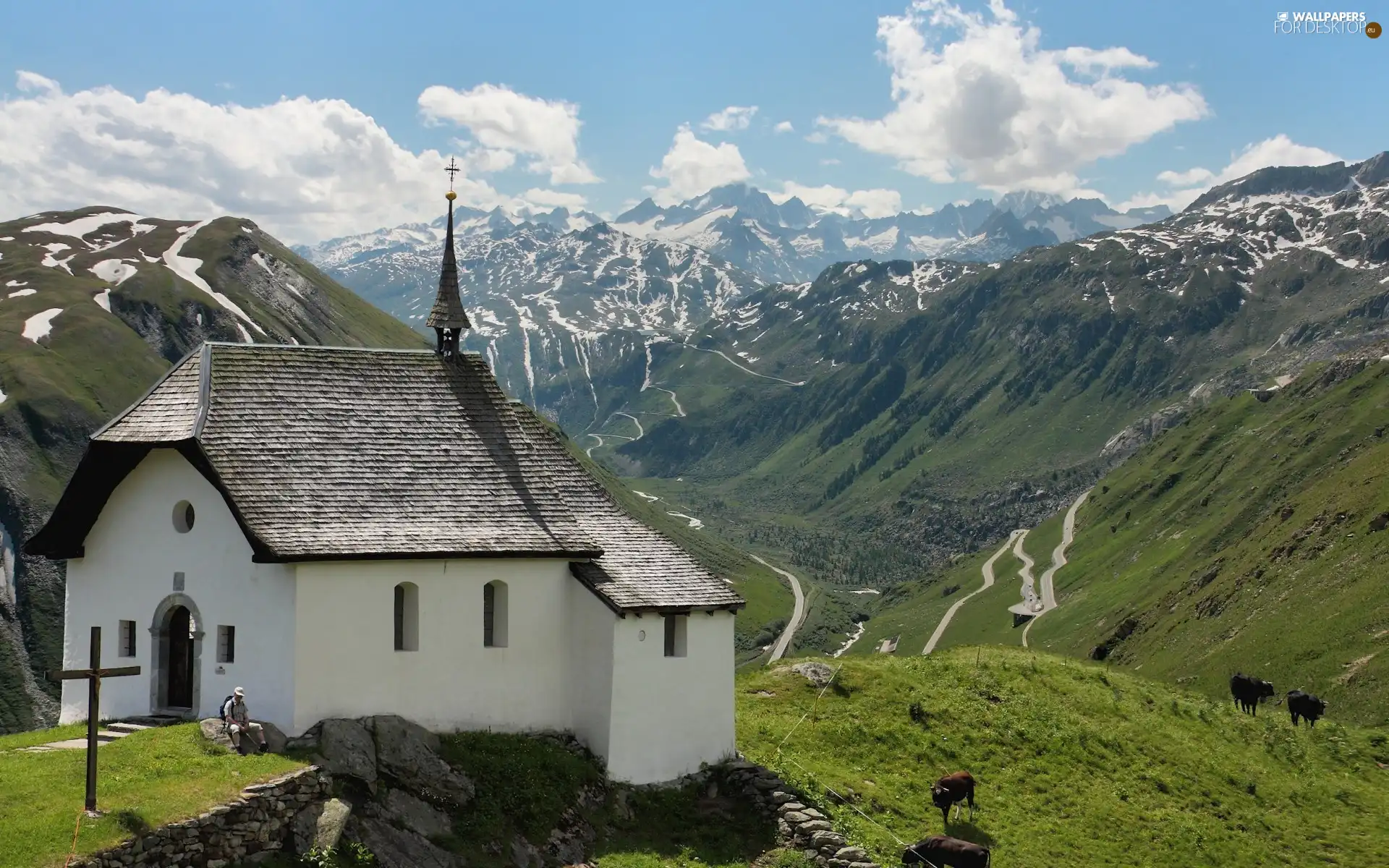 medows, Cows, Mountains, roads, church