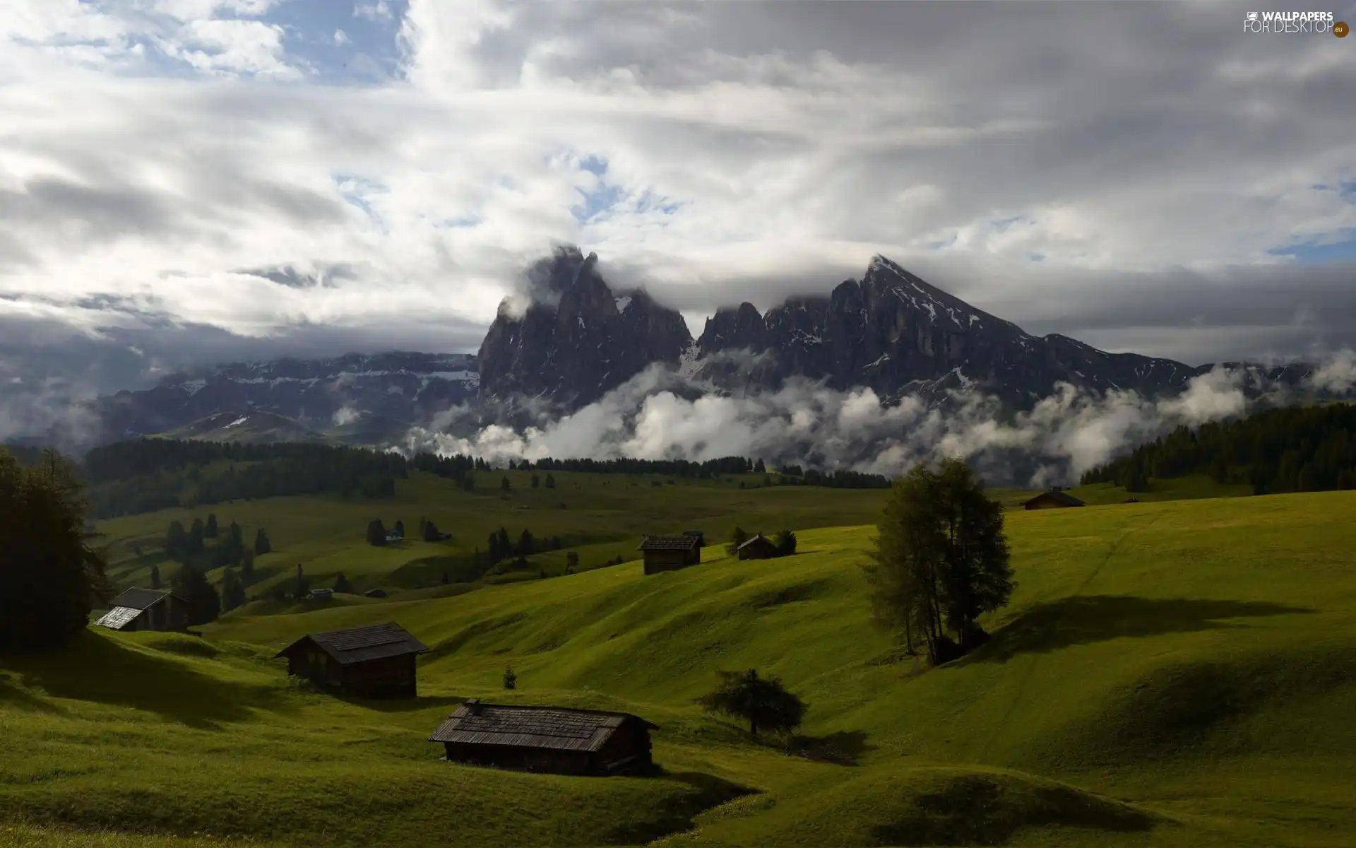 medows, Houses, clouds, green ones, Mountains