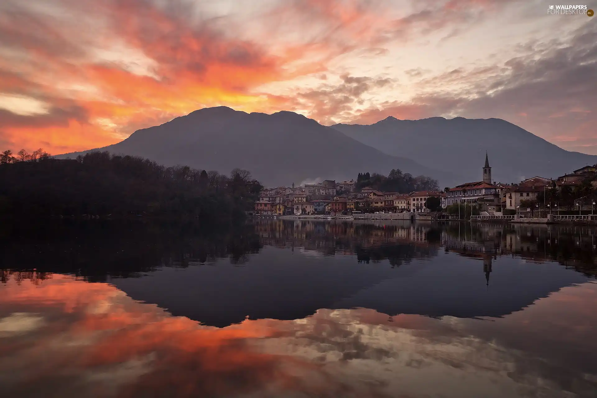 lake, west, Mergozzo, Italy, Town, sun