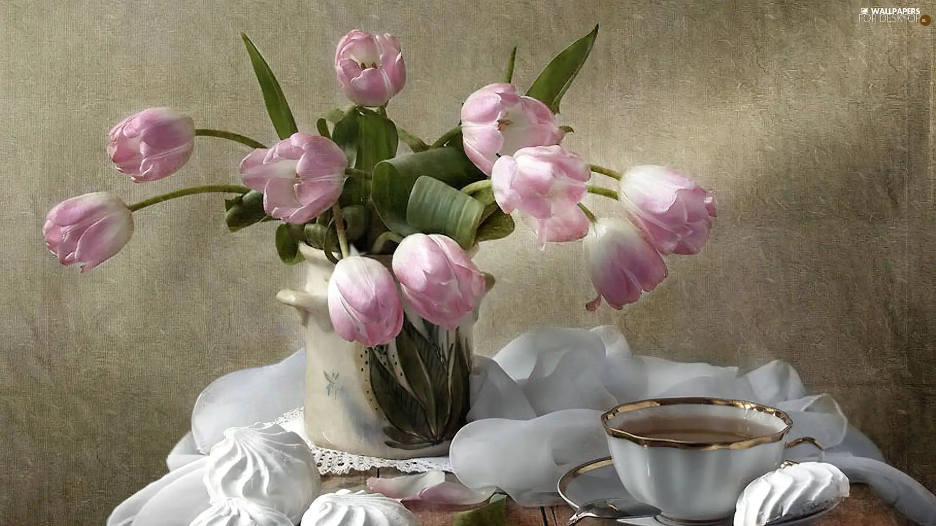 Tulips, cup, meringues, bowl