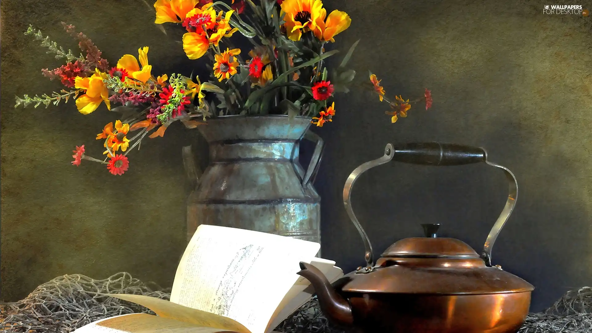 copper, bouquet, Metal, pitcher, kettle, flowers