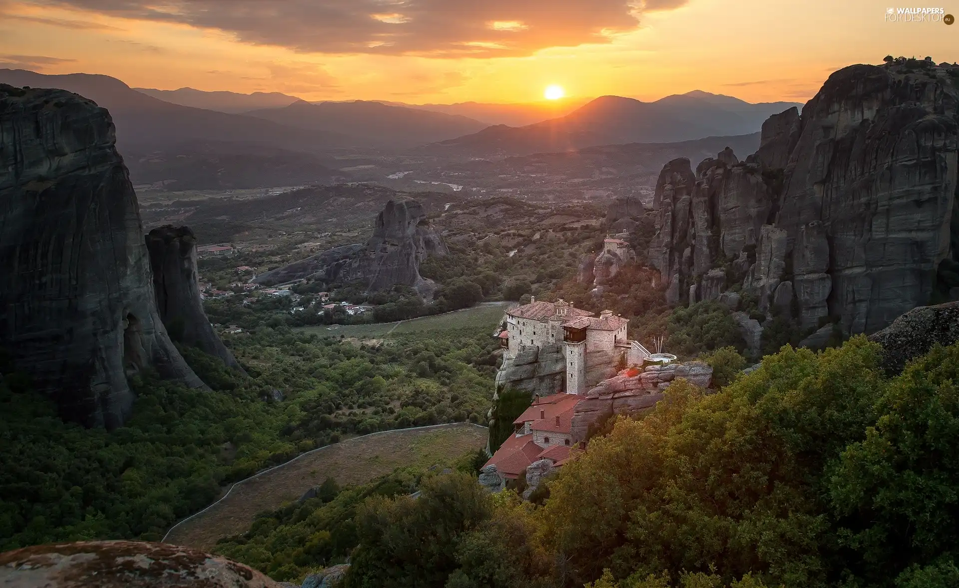 Mountains, Varlaam Monastery, rocks, Monastery Varlam, Greece, Massif Of Meteora, Great Sunsets