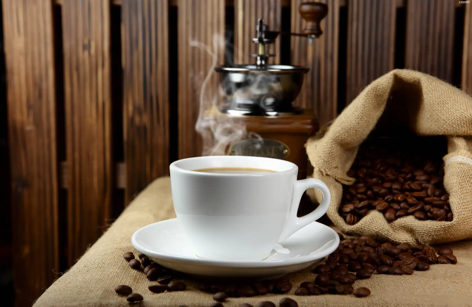 coffee, grains, mill, cup
