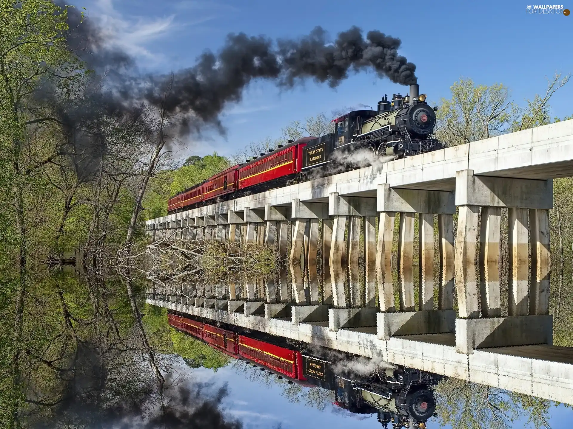 locomotive, reflection, Mirror, bridge