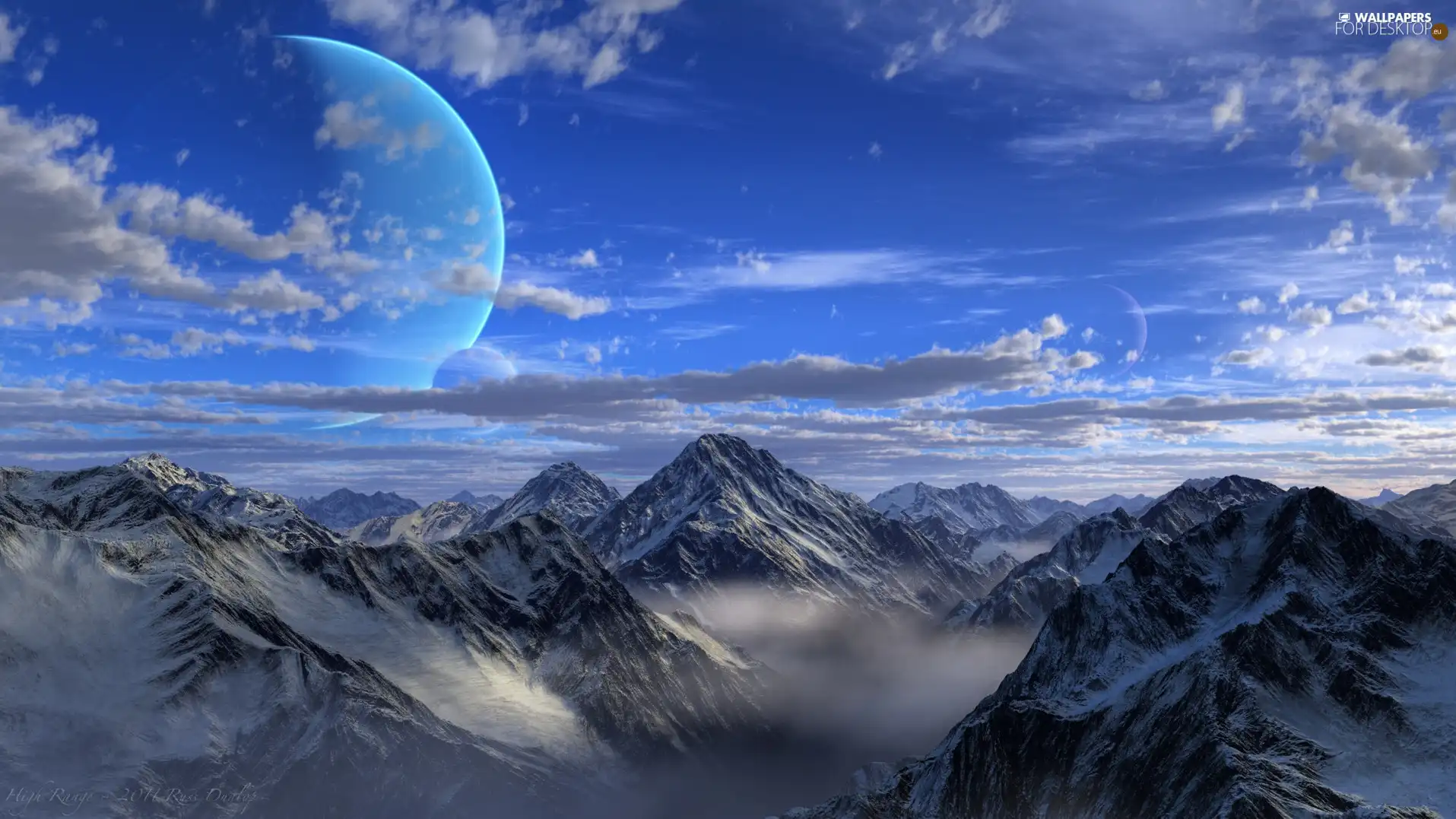 Snowy, clouds, moon, Mountains