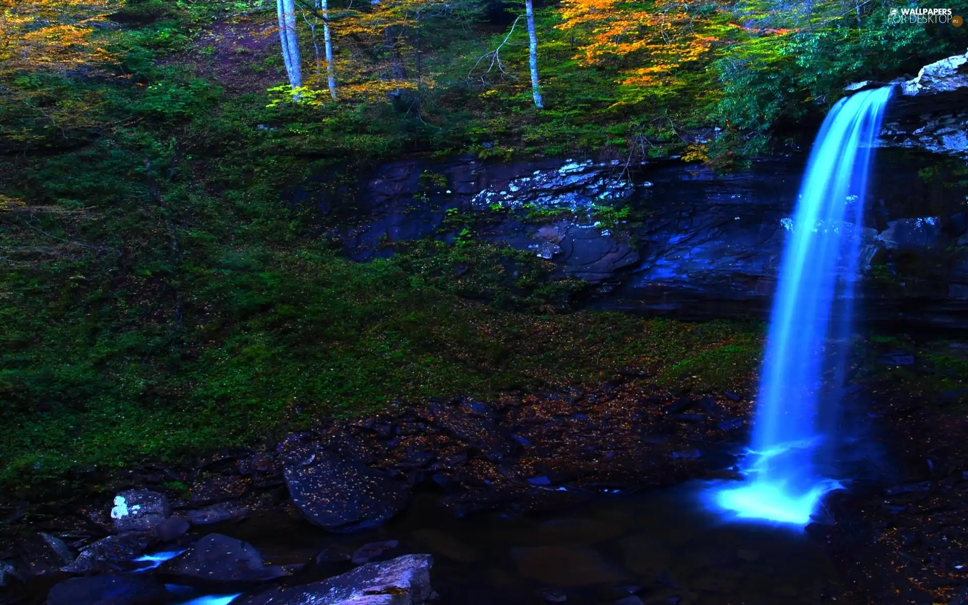 waterfall, Covered, moss, boulders