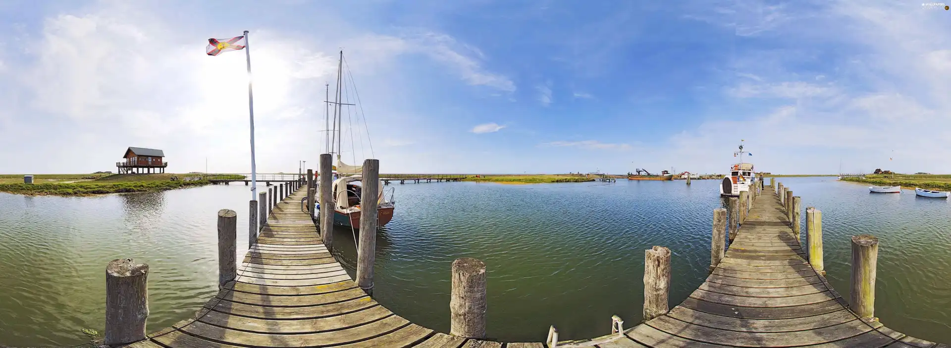 pier, boats, Motor boat, water