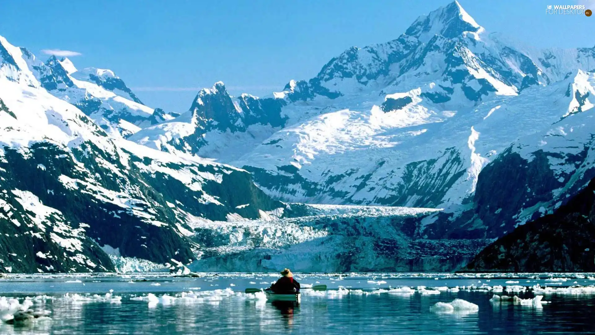 mountain, Boat, Snowy, peaks, lake