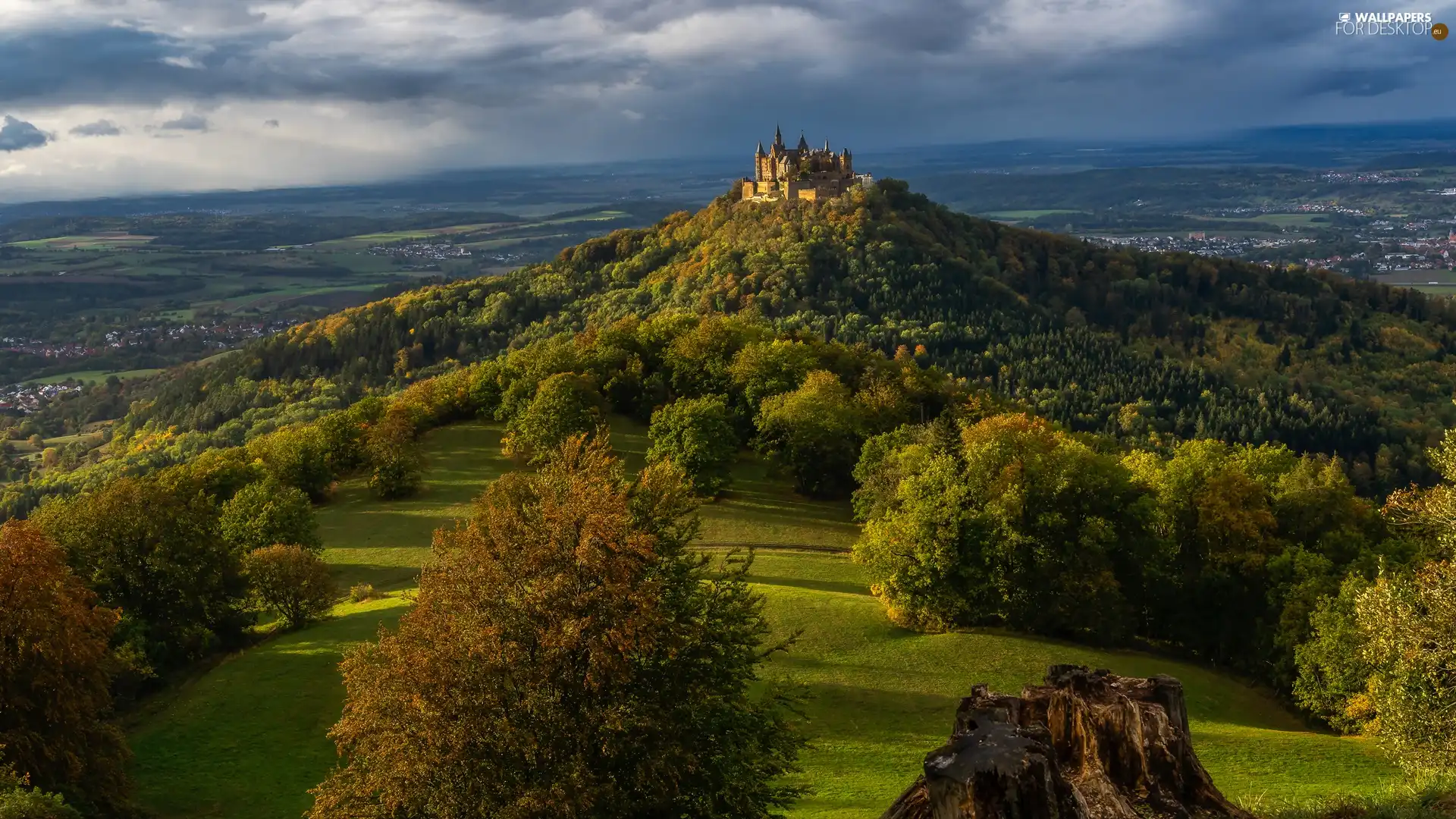 Hohenzollern Castle, Hohenzollern Mountain, forest, trees, Baden-Württemberg, Germany, clouds, Hill, viewes