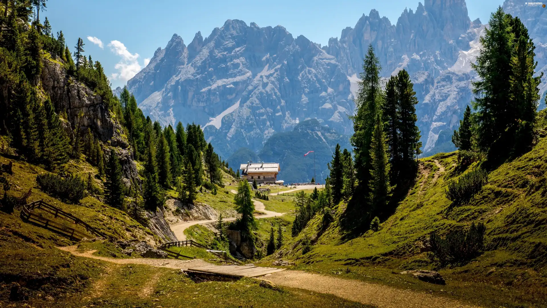strand, Dolomites, mountain, Alps, viewes, Italy, Way, trees, house