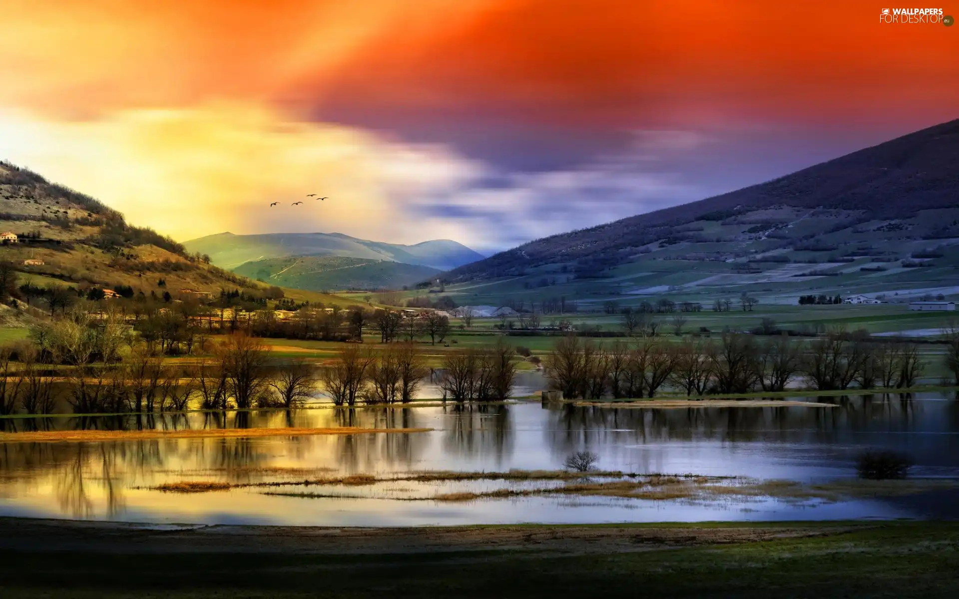Houses, field, clouds, medows, River, Mountains, birds