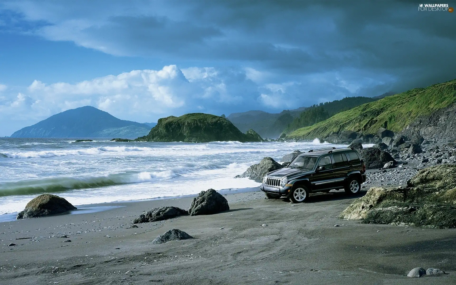 Mountains, Jeep Cherokee, sea, Waves, Beaches