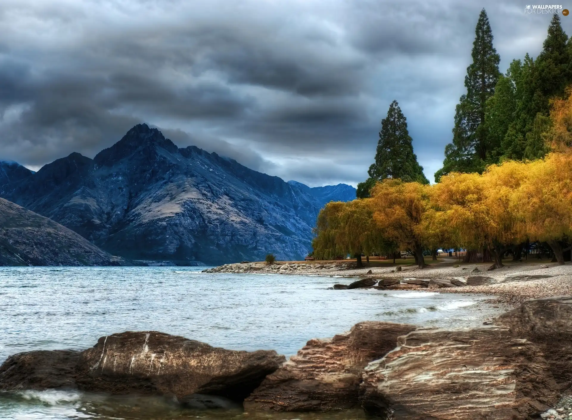 Mountains, clouds, Stones, forest, lake