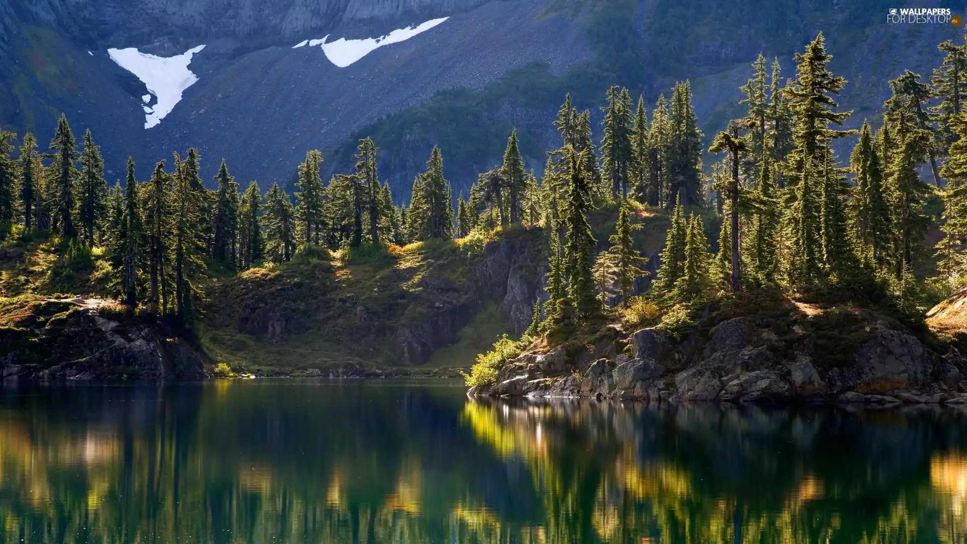 Mountains, lake, forest