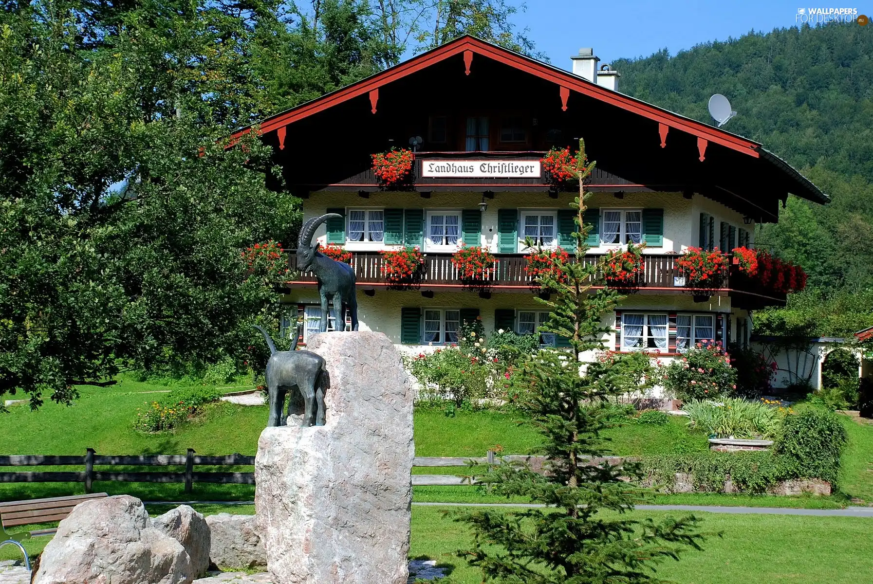 Mountains, Germany, Garden, figures, house