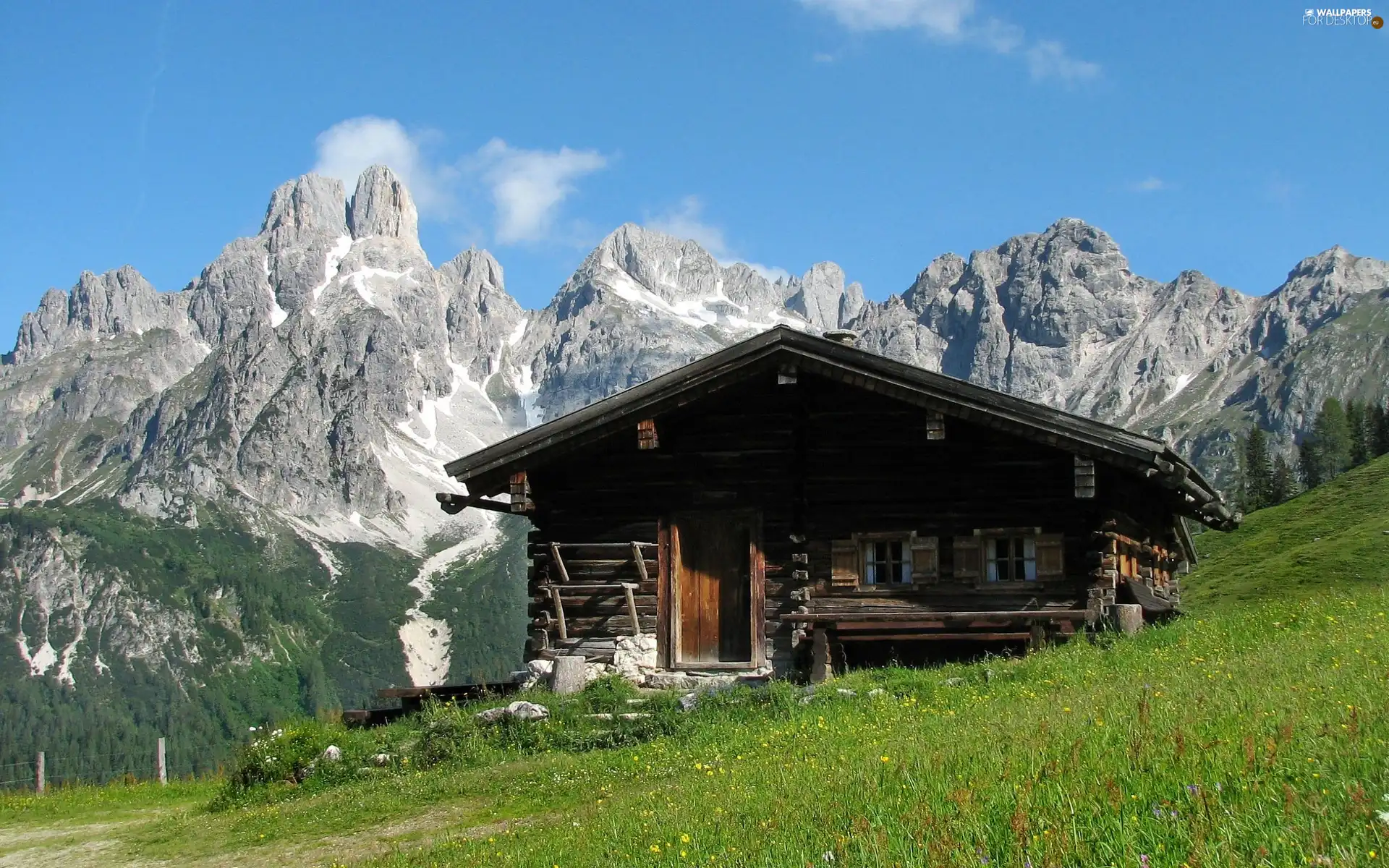 Mountains, grass, house, Rocky, wooden