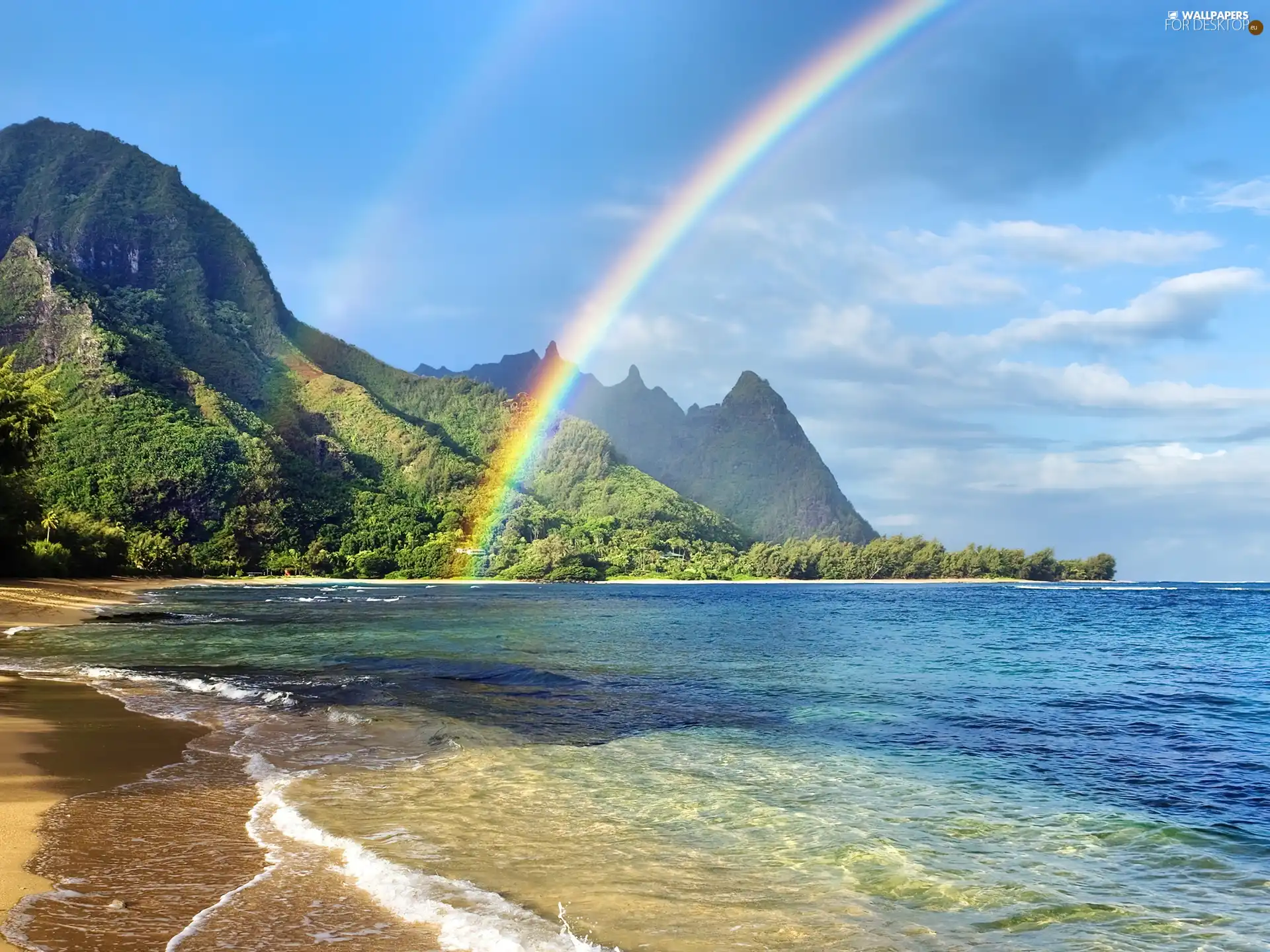 sea, Great Rainbows, Mountains