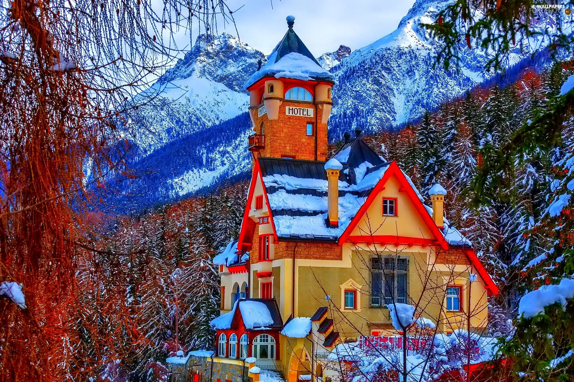 Hotel hall, winter, Mountains