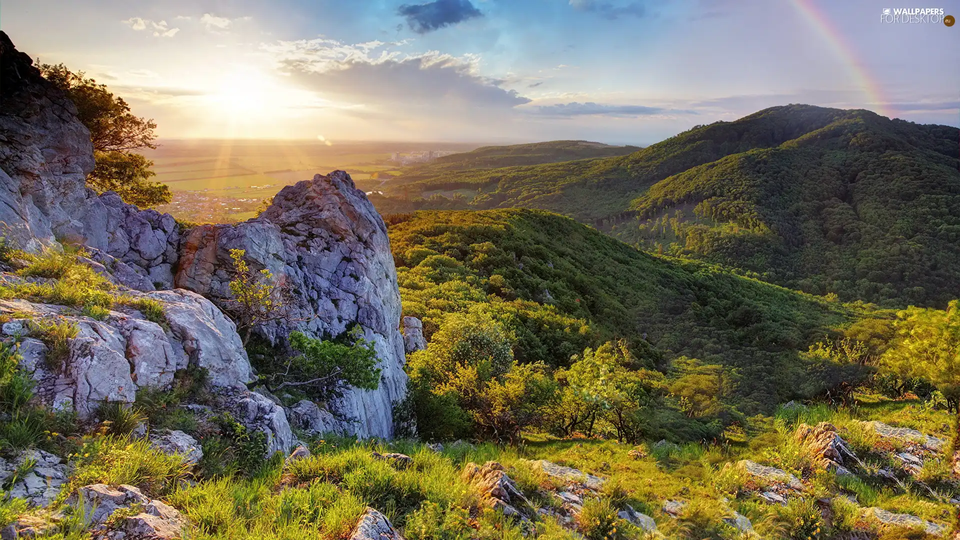 Mountains, Valley, Sunrise, trees, Sky, The Hills, rocks, viewes