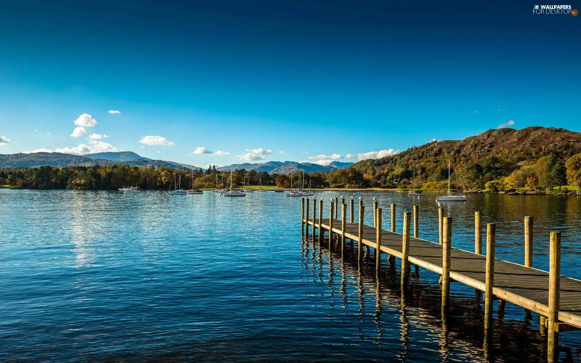 lake, Boats, Mountains, Platform
