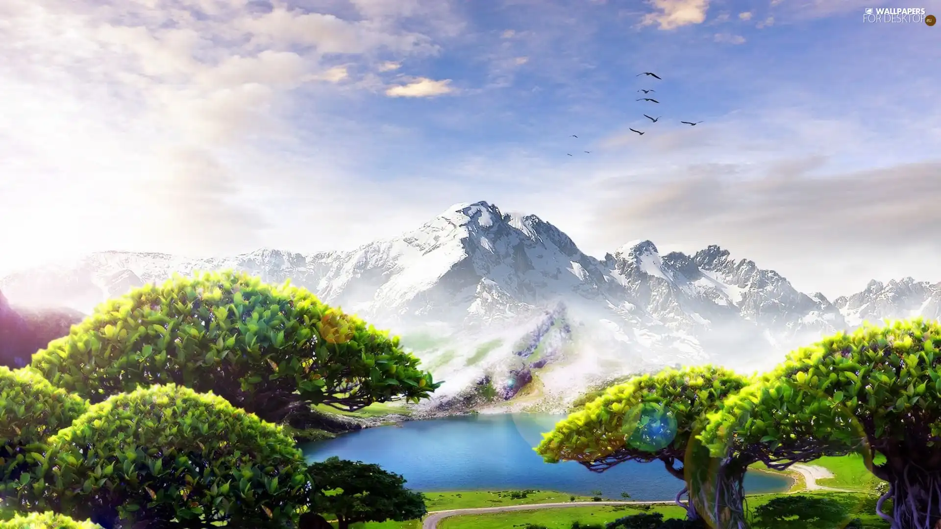 Mountains, lake, trees, viewes, paradise