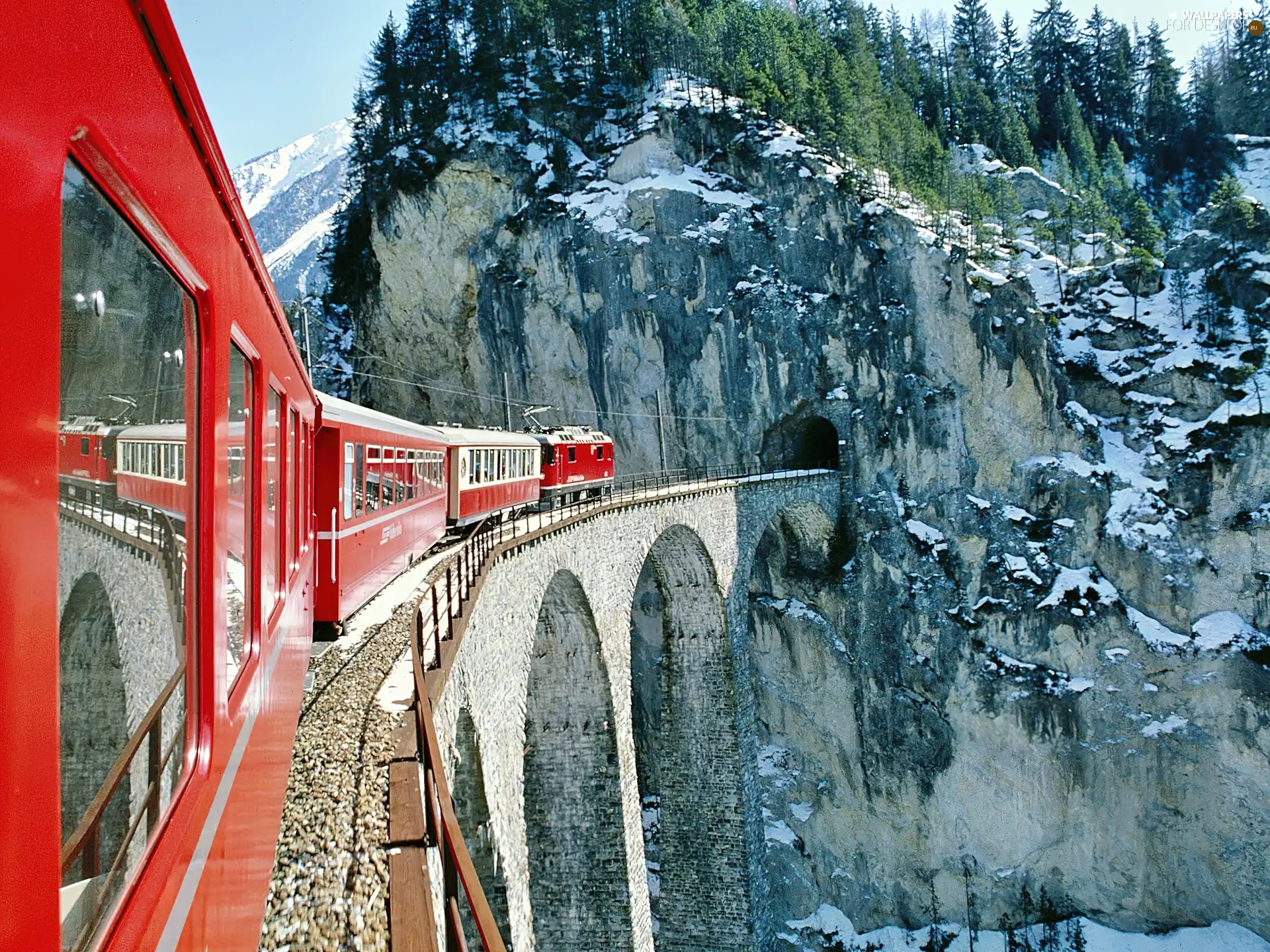 Red, bridge, Mountains, Train