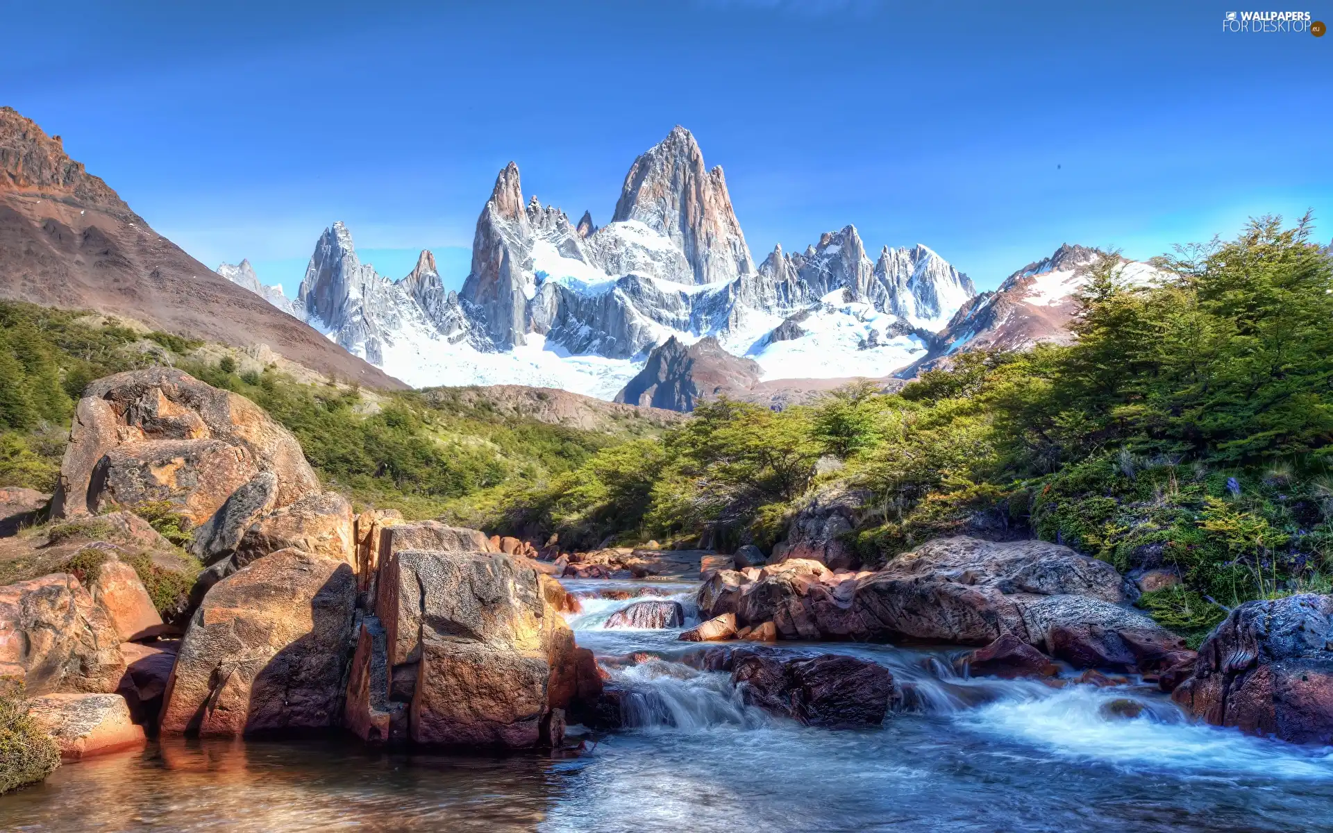 River, peaks, Mountains, rocks