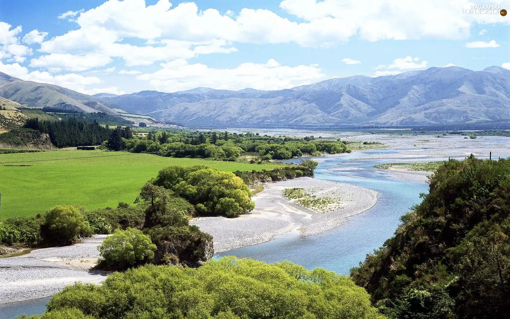 River, viewes, Mountains, trees