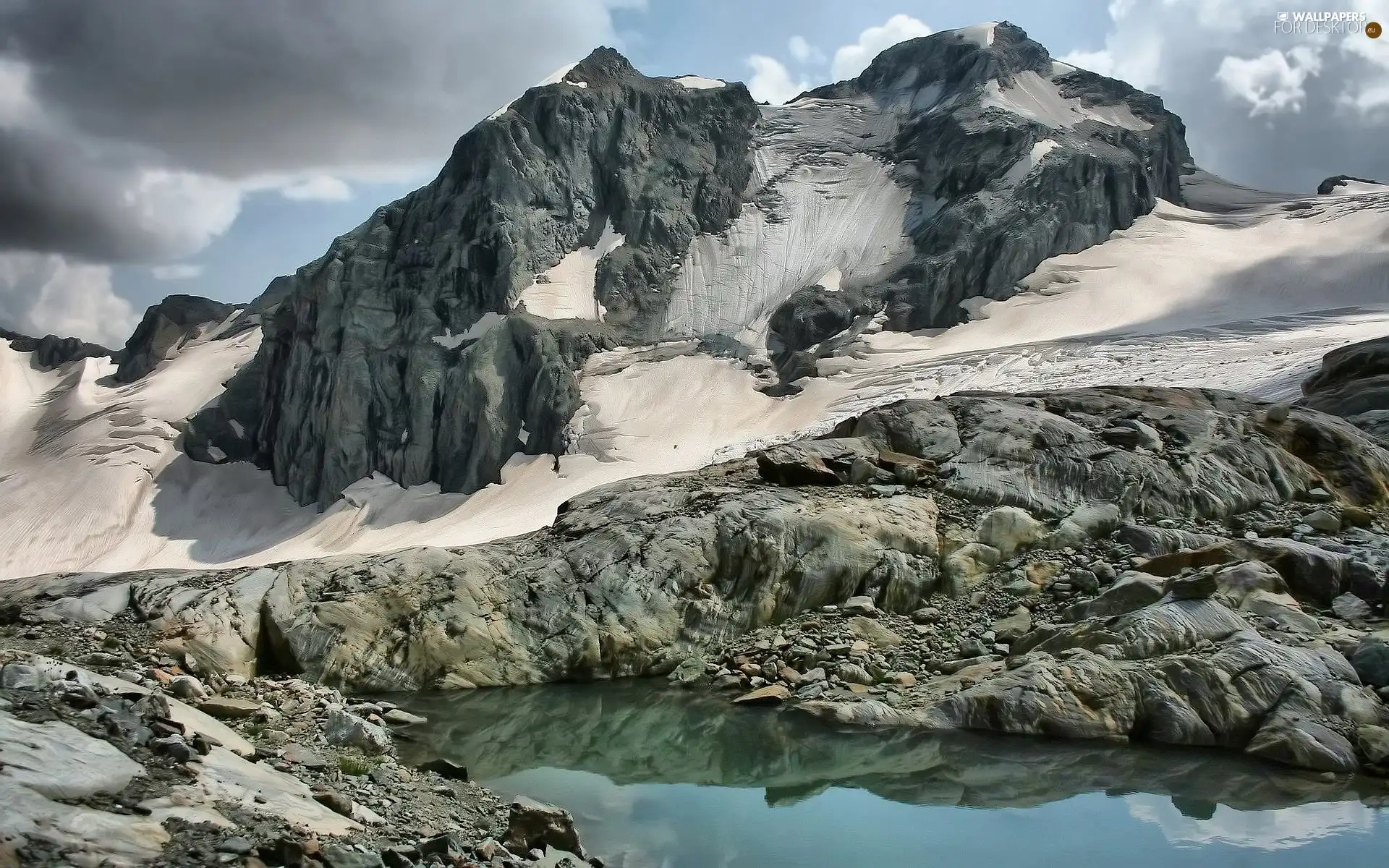 Mountains, water, snow