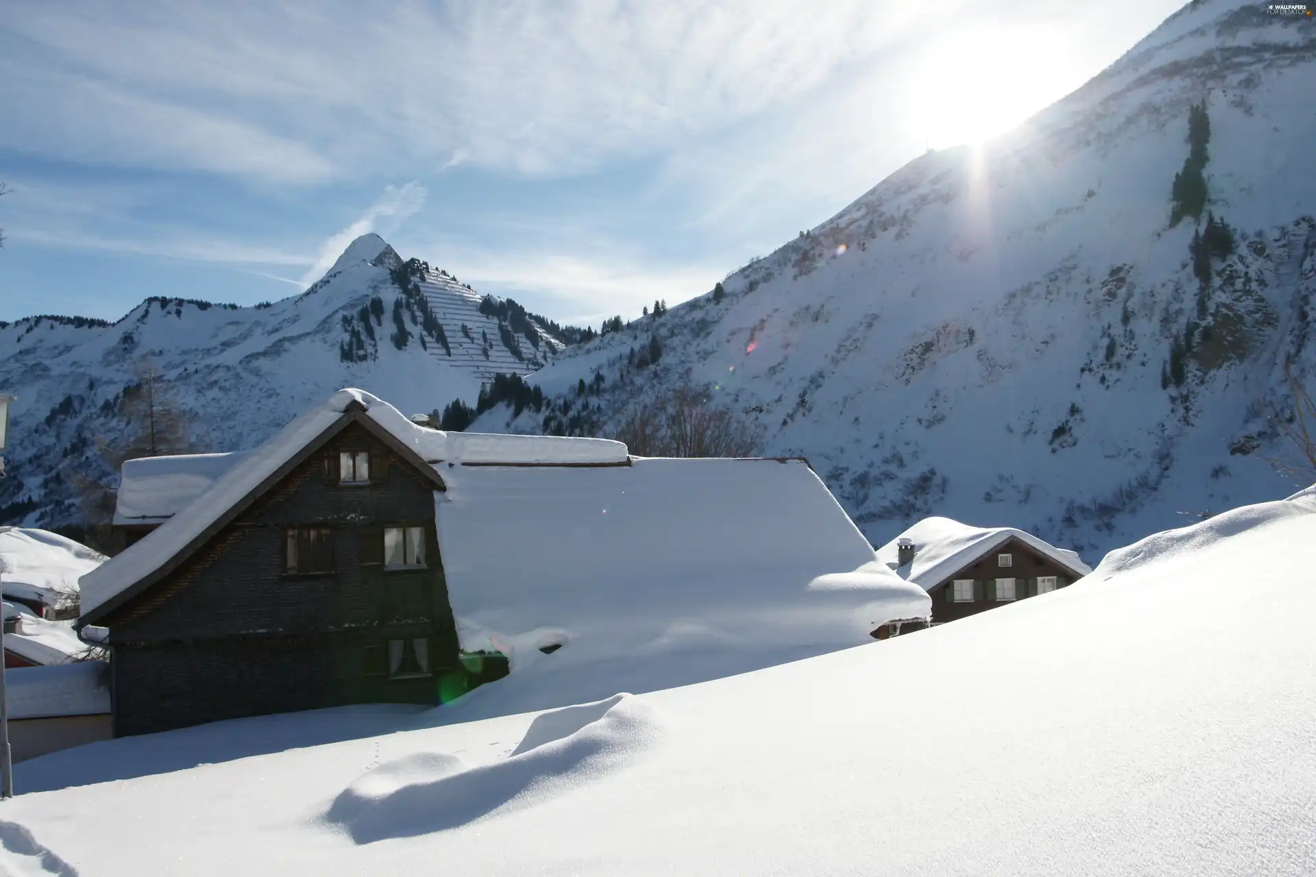 mountains, snow, Houses, ##, winter