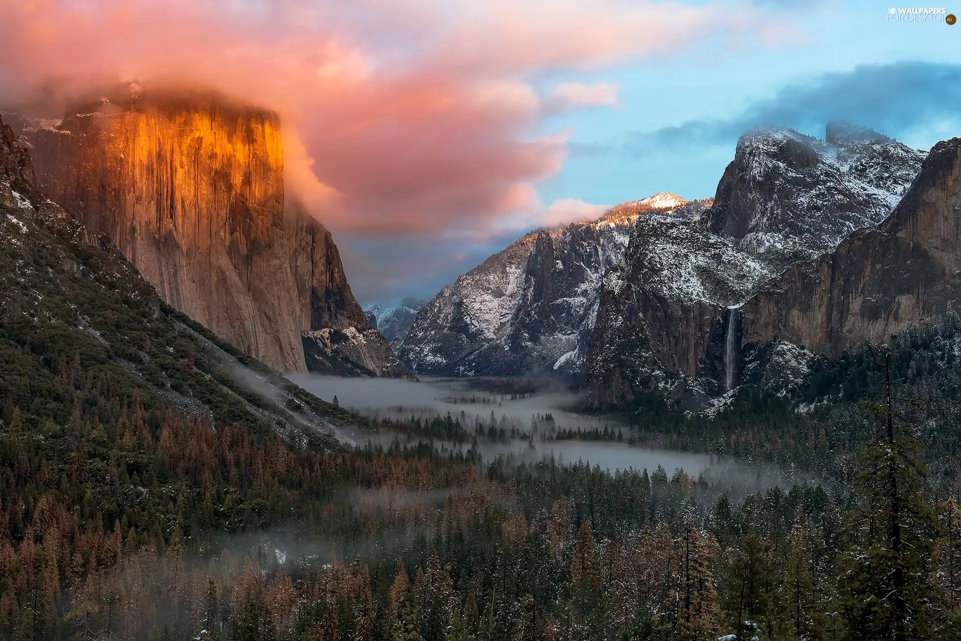 State of California, The United States, Yosemite National Park, Mountains, Sky, clouds, woods, Fog, El Capitan Peak