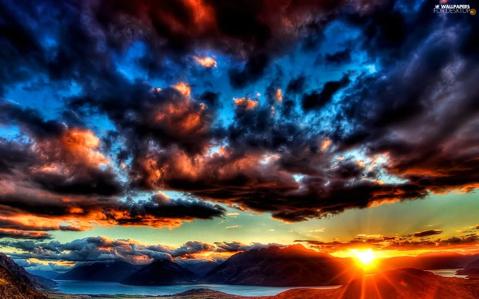 west, clouds, Mountains, sun