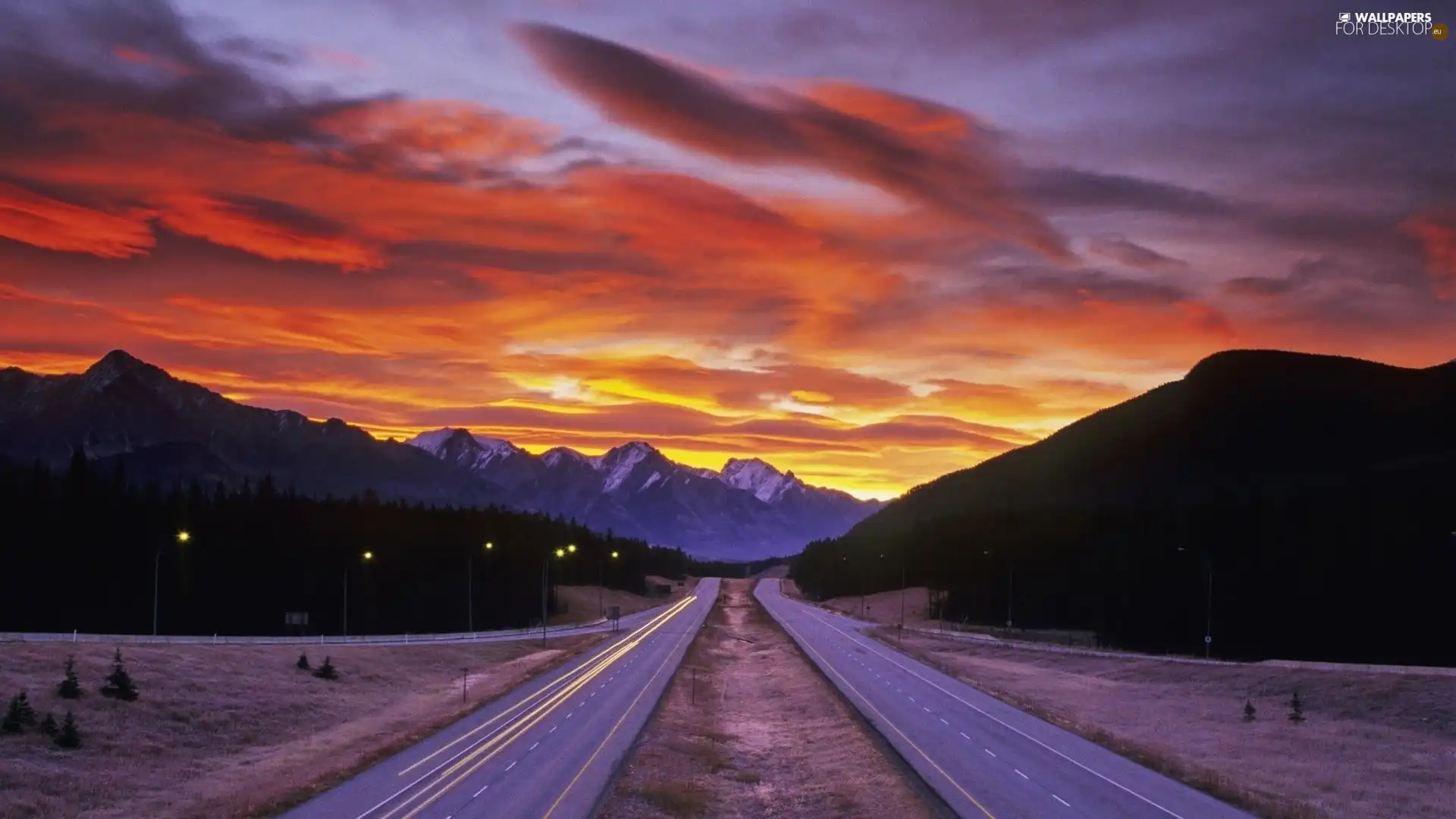 west, freeway, Mountains, sun