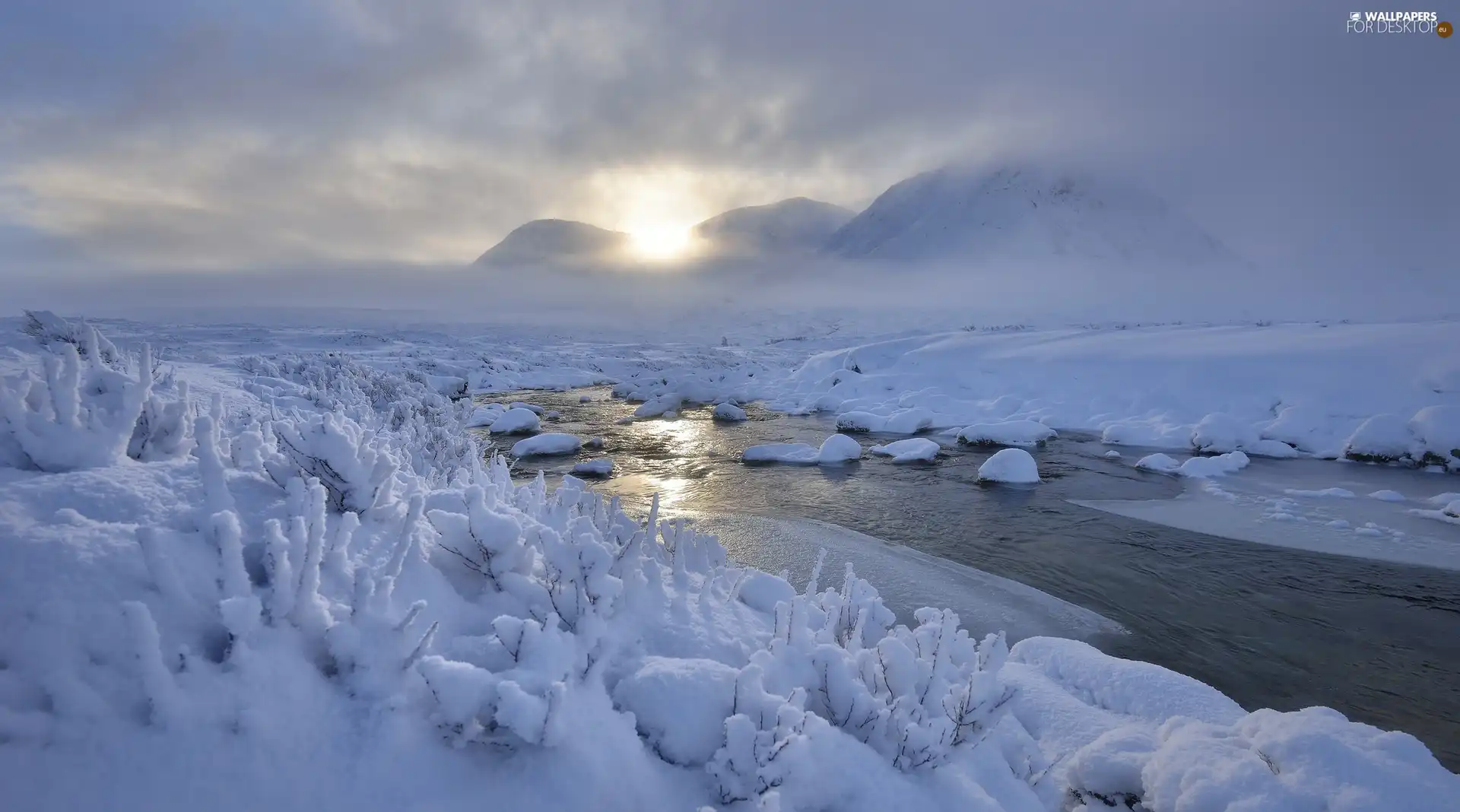 winter, River, Mountains, Sunrise