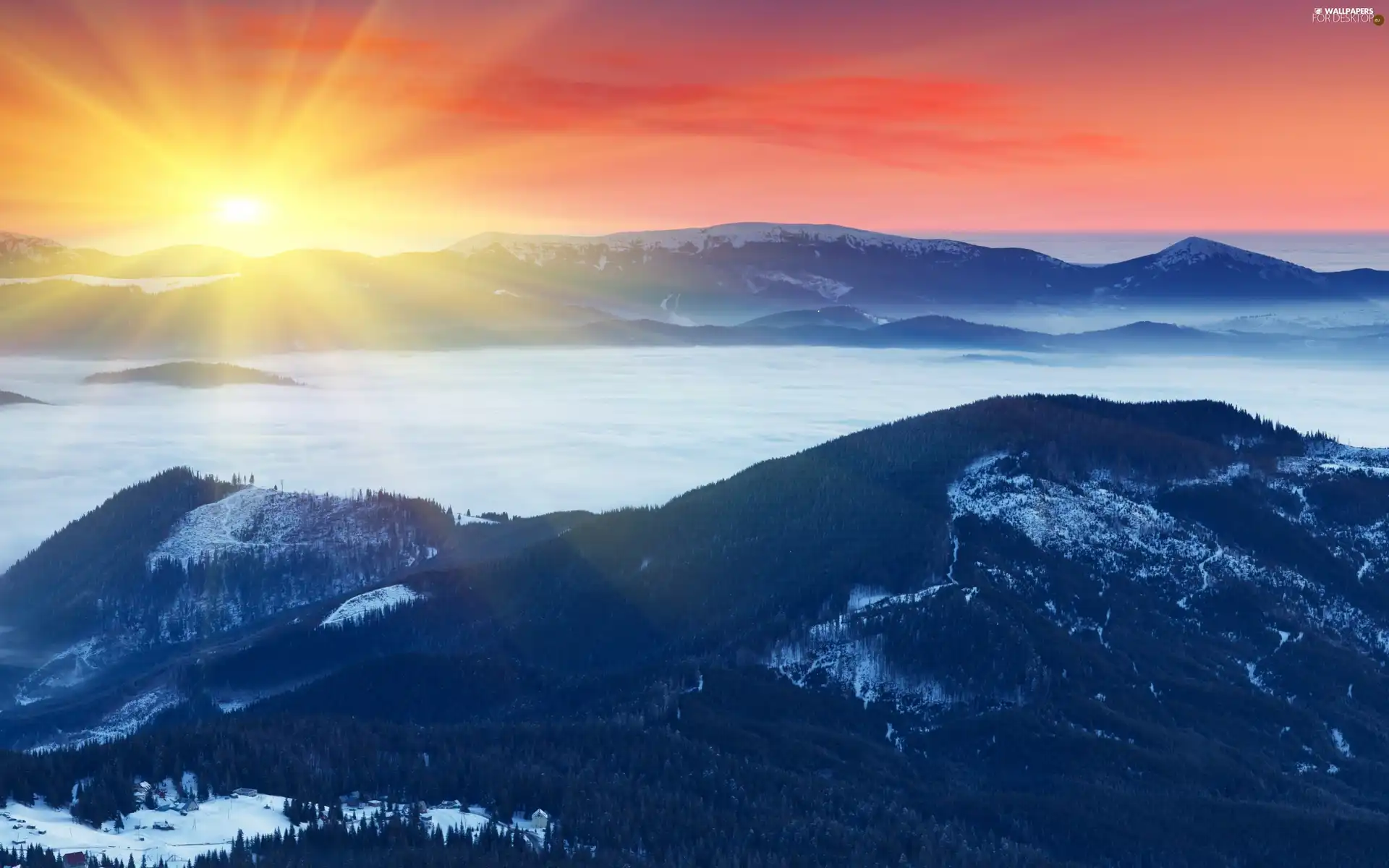 Mountains, winter, sun, rays, west