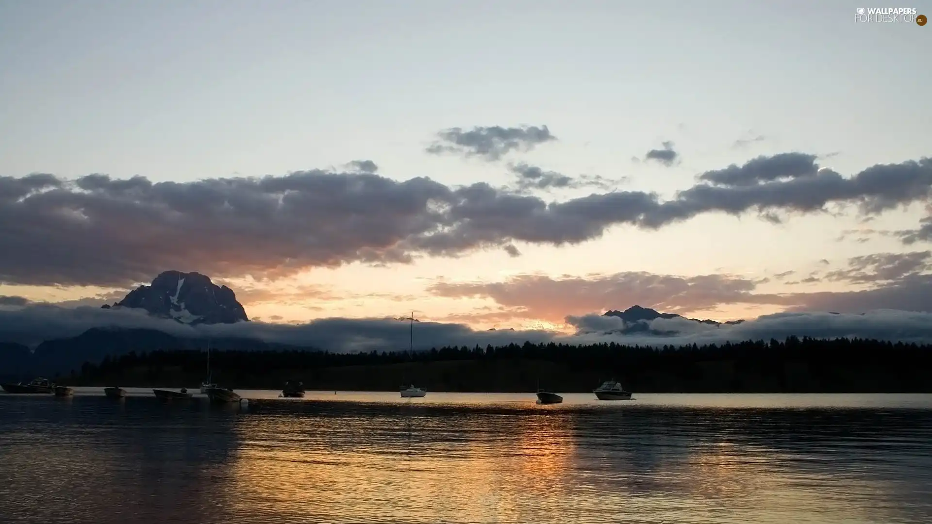 Yachts, woods, lake, Mountains