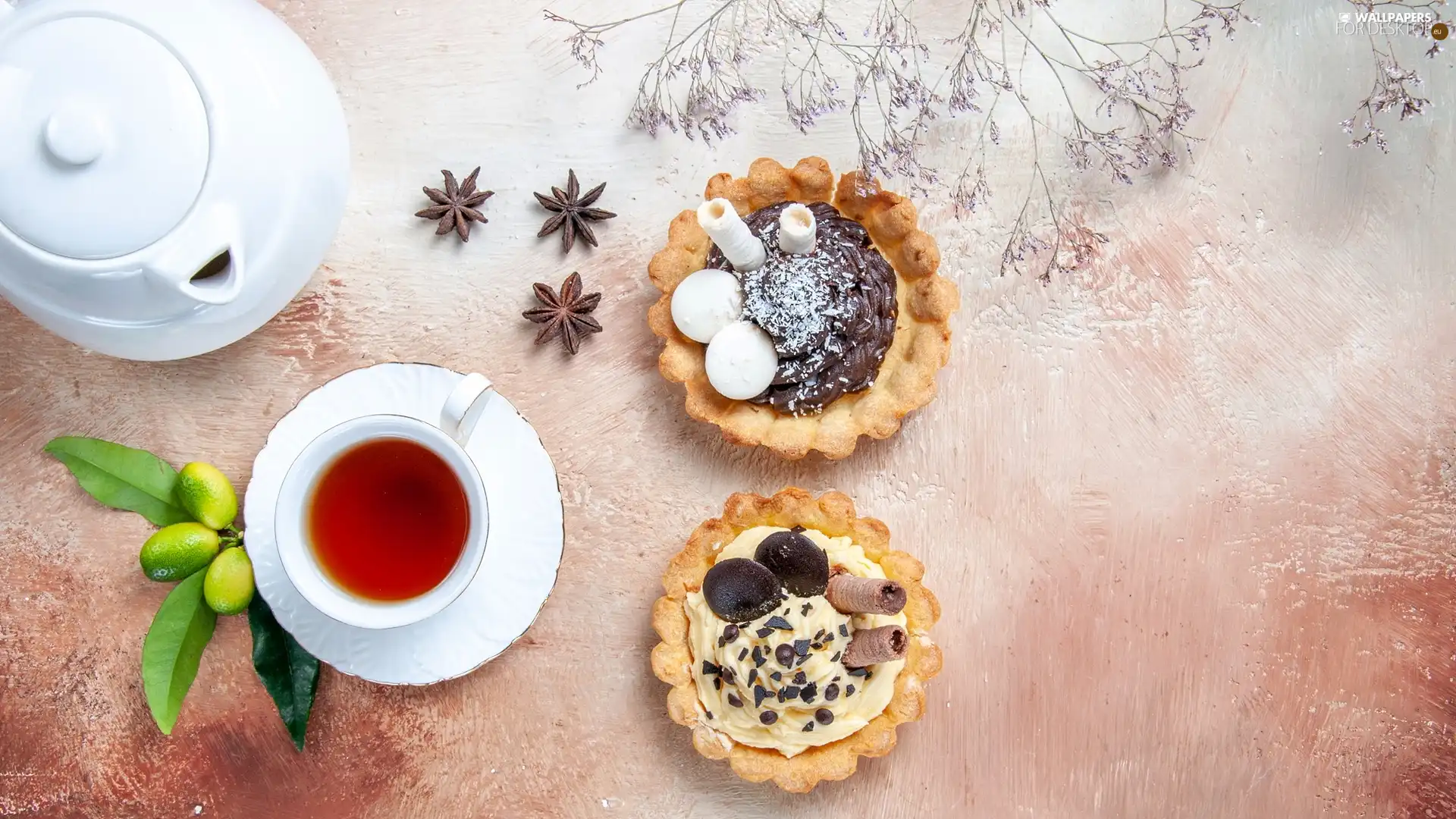 Muffins, kettle, tea